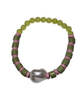 Retro Beaded Bracelet Stretch Silver Tone Chunky Accent 70s Fashion Pink Green